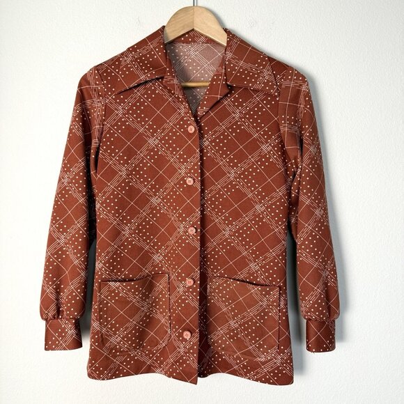 Vintage 70s Brown Plaid Button Up Blouse‎ Size Medium Psychedelic Preppy Classic - Picture 1 of 5